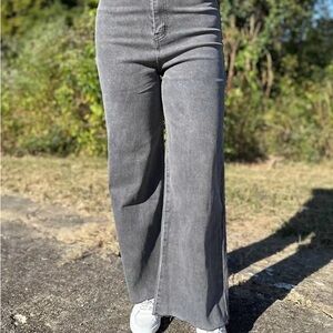 Anniewear free falling stretch High Rise Wide Leg Women Jean Washed Gray large